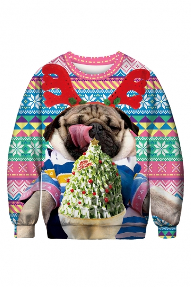 Funny 3D Ice Cream Dog Print Round Neck Long Sleeve Color Block Sweatshirt