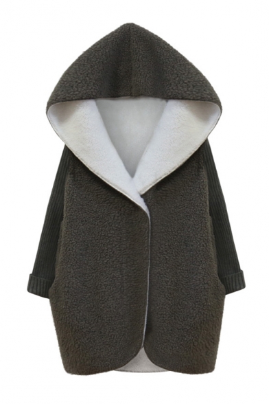 Gray Long Sleeve Hooded Fashion Longline Fleece Coat