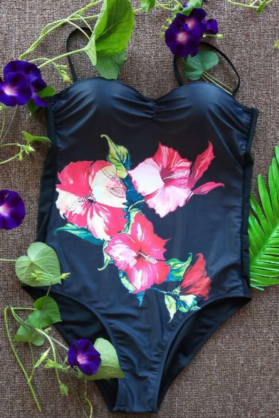 Hot Fashion Floral Printed Spaghetti Straps One Piece Swimwear