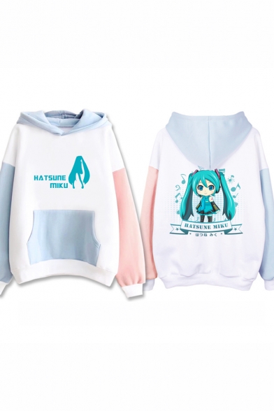 Lovely Cartoon Character Pattern Long Sleeve Color Block Loose Fitted Hoodie