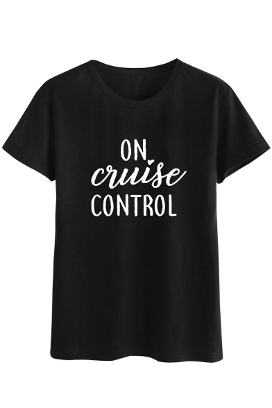New Stylish Letter ON CONTROL Pattern Round Neck Long Sleeve Black Relaxed T-Shirt