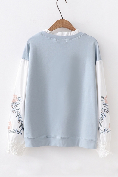 Petal Collar Patched Long Sleeve Floral Printed Pullover Regular Sweatshirt