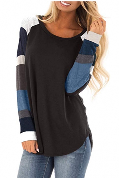 Round Neck Color Block Long Sleeve Round Hem Loose Leisure T-Shirt for Women