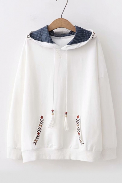 Students Long Sleeve Chic Embroidered Casual Regular Hoodie with Pocket