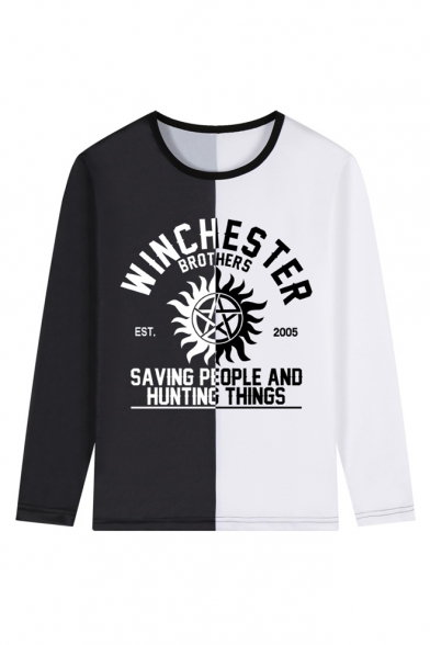 Trendy Colorblock WINCHESTER Printed Round Neck Long Sleeve T-Shirt