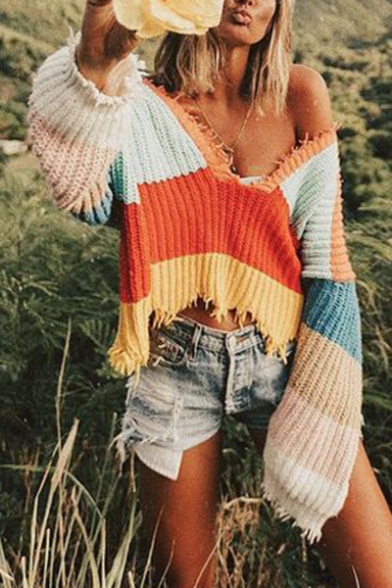 Unique Fringed Hem Long Sleeve V Neck Color Block Cropped Loose Fitted Sweater