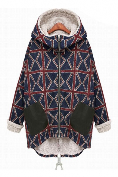 Winter's New Chic Check Printed Two-Tone Black Pocket Patched Zip Up Hooded Blue Coat