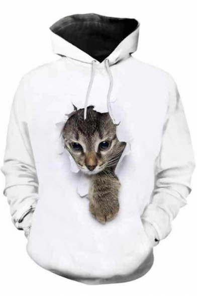 3D Gray Cat Pattern Casual Loose Sports White Hoodie for Men