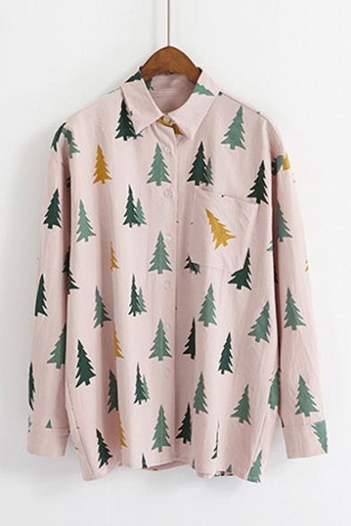 All Over Tree Printed Long Sleeve Lapel Collar Cotton Shirt