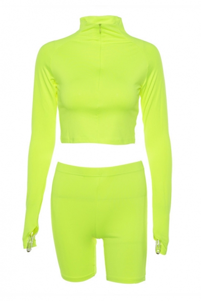 Autumn's New Arrival Fluorescent Color Cropped Top Skinny Shorts Solid Co-ords
