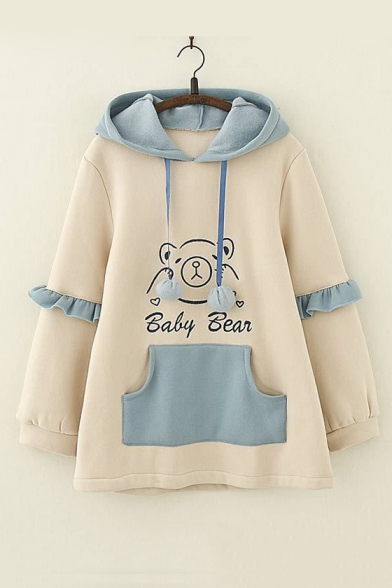 BABY BEAR Cartoon Printed Color Block Ruffled Long Sleeve Hoodie for Juniors