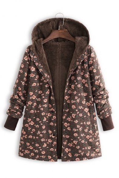Chic Floral Printed Long Sleeve Hooded Winter's Fleece Coat for Women