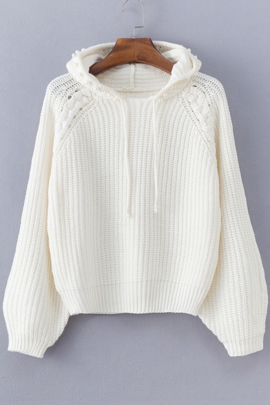 Chic Pearl Embellished Long Sleeve Loose Leisure Hooded White Sweater
