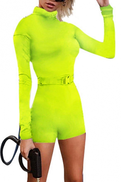 Fashion Fluorescent Color High Neck Long Sleeve Stretch Slim Rompers with Belt