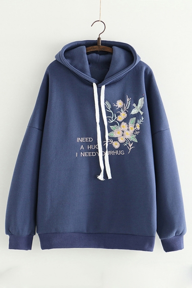 Fashion Letter Floral Embroidered Long Sleeve Regular Hoodie