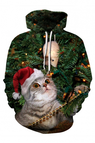 Hot Fashion 3D Christmas Cat Pattern Long Sleeve Green Sports Unisex Hoodie