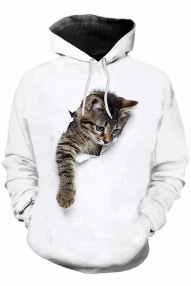 Hot Fashion 3D Gray Cat Pattern Long Sleeve Loose Fitted Sports White Hoodie