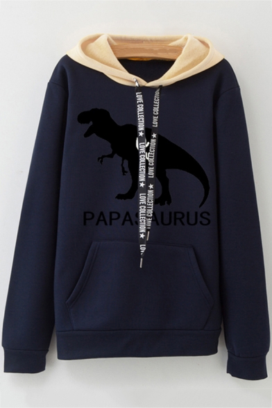 Letter Dinosaur Printed Fashion Colorblock Long Sleeve Casual Hoodie