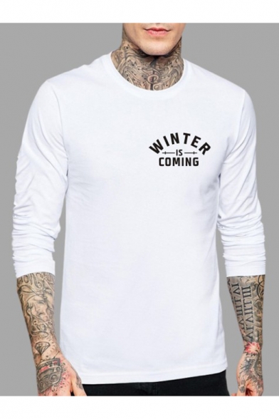 Letter WINTER IS COMING Chest HOUSE STARK Back Long Sleeve Crewneck Fitted T-Shirt