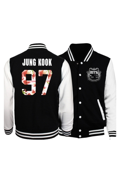 Men's Letter Printed Rib Cuff Long Sleeve Stand Collar Button Front Baseball Jacket