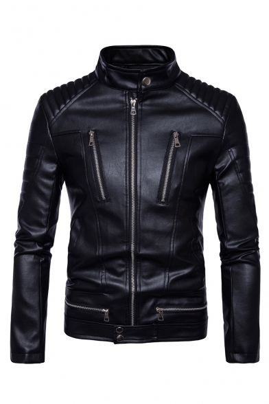 Men's Classic Long Sleeve Stand Collar Multi-Zip Embellished Slim Fitted Black Biker Jacket