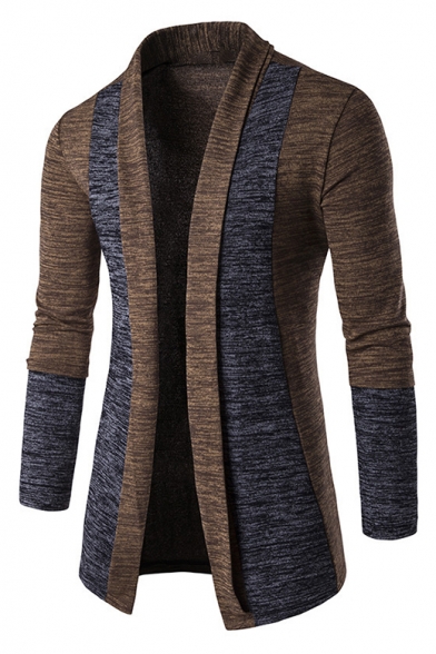 Men's Fitted Long Sleeve Fashion Color Block Open Front Longline Cardigan