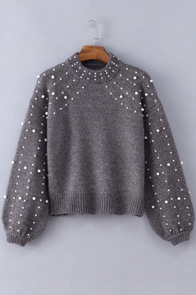 New Trendy Pearl Embellished Long Sleeve Mock Neck Gray Cropped Sweater
