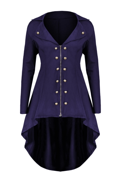 Notched Lapel Collar Long Sleeve Button Embellished Swallowtailed Longline Zip Up Coat