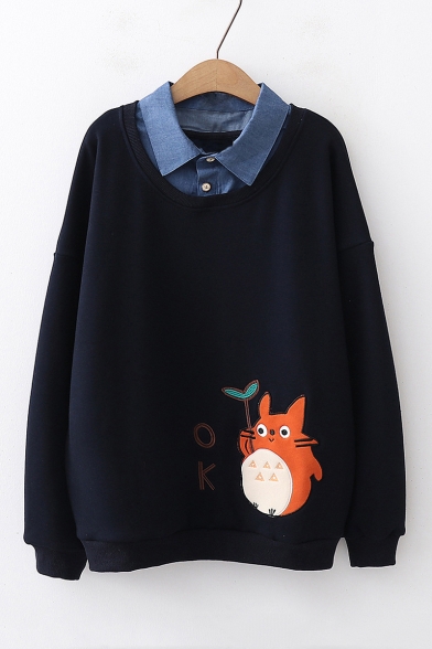 Patched Lapel Collar Long Sleeve Cartoon Cat Printed Pullover Sweatshirt