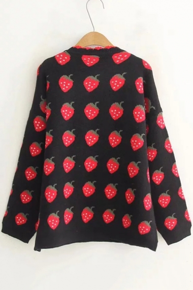 Red Overall Strawberry Printed Crewneck Long Sleeve Black Sweater