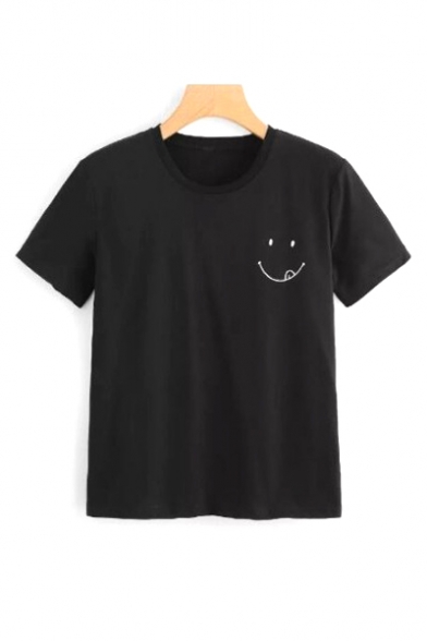 Simple Emoji Smile Face Pattern Short Sleeve Round Neck Slim Tee