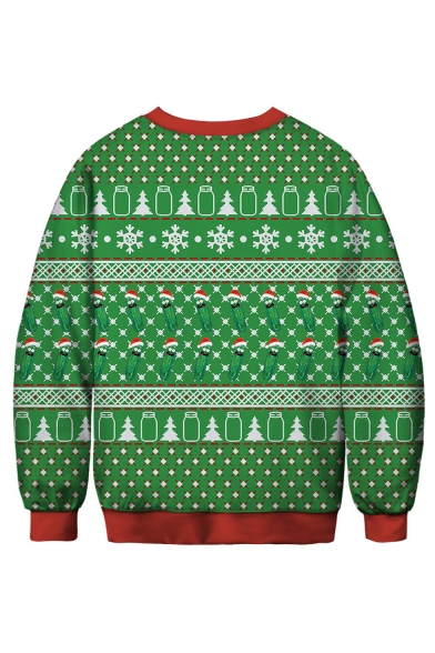 Trendy 3D Christmas Pattern Round Neck Long Sleeve Regular Fitted Green Sweatshirt