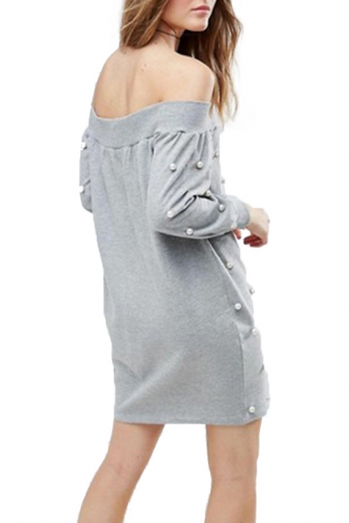 Unique Beading Embellished Off the Shoulder Long Sleeve Mini Sheath Sweatshirt Dress