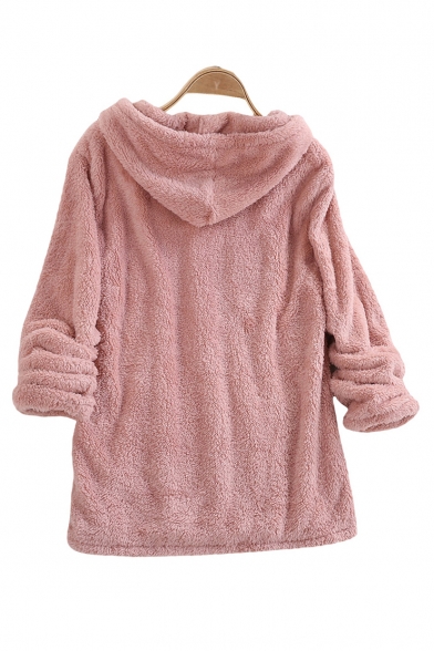Winter's Basic Solid Long Sleeve V-Neck Loose Fitted Warm Shearling Hoodie for Women