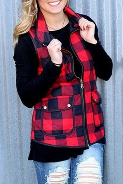 Winter's Classic Check Printed Stand Collar Zip Up Red Padded Vest Coat