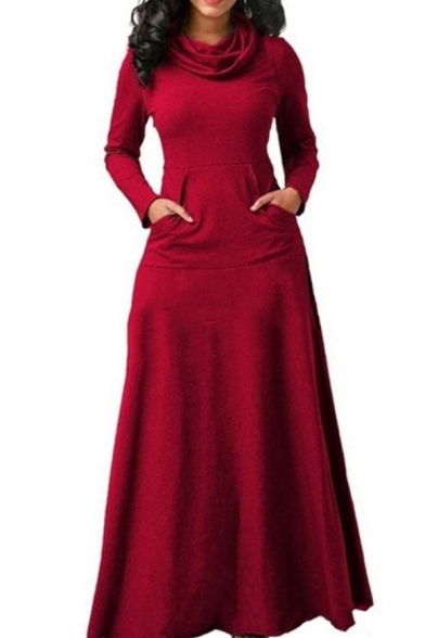 Winter's New Arrival Long Sleeve Cowl Neck Plain Maxi A-Line Dress