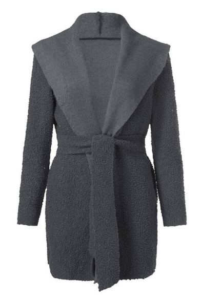 Women's Winter Trendy Long Sleeve Waterfall Collar Longline Wool Coat with Belt Waist