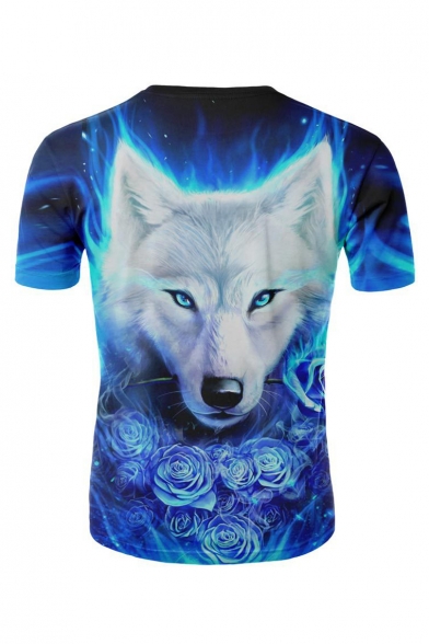3D Fire Rose White Wolf Printed Crewneck Long Sleeve Blue T-Shirt