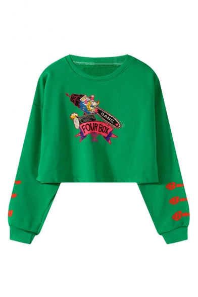 Cartoon FOUR BOX Letter Print Long Sleeve Round Neck Loose Fitted Cropped Sweatshirt