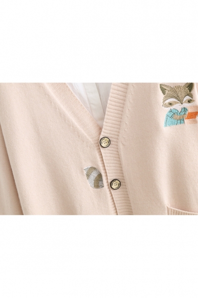Cartoon Fox Embroidered Long Sleeve Button Front Cardigan with Double Pockets