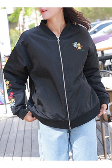 Chic Floral Embroidered Long Sleeve Regular Fitted Zip Up Baseball Jacket