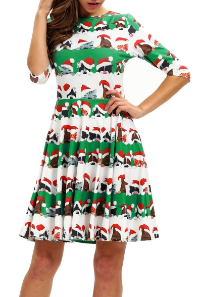 Christmas Cartoon Cat Pattern Half Sleeve Midi A-Line Green Pleated Dress
