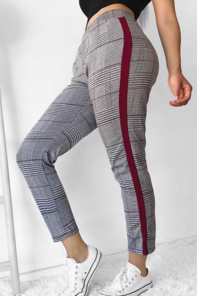 Classic Plaid Printed Striped Side Fashion Slim Fitted Pants