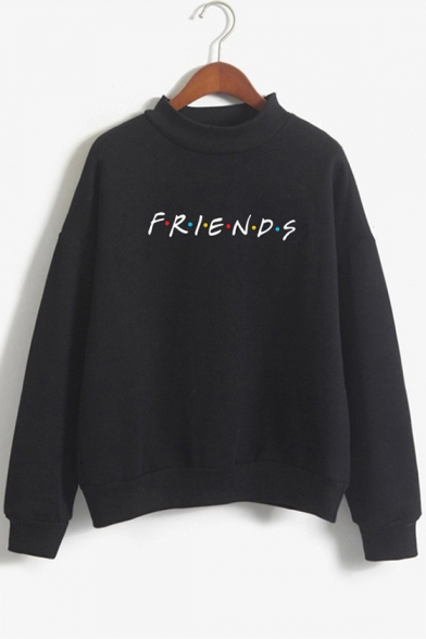Colorful Dot Letter FRIENDS Printed Mock Neck Long Sleeve Pullover Sweatshirt