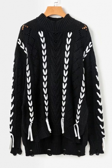 Contrast Lace-Up Embellished Mock Neck Long Sleeve Slit Side Hollow Out Sweater