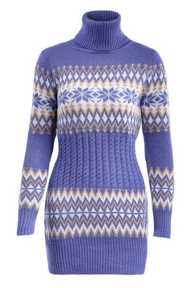 Cozy Long Sleeve Turtleneck Colorblock Tunics Sweater