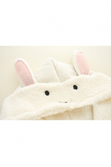 Cute Cartoon Rabbit Embroidered Pocket Long Sleeve Hooded Zip Up Coat