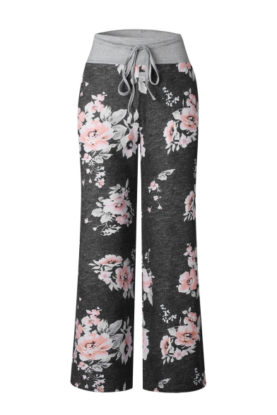 Fashion Floral Pattern Tied Waist Loose Fitted Leisure Wide Legs Pants