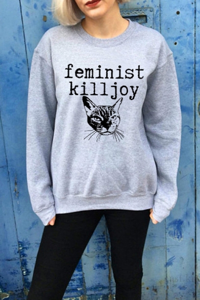 Hot Fashion Letter FEMINIST KILL JOY Cat Print Crewneck Long Sleeve Gray Sweatshirt