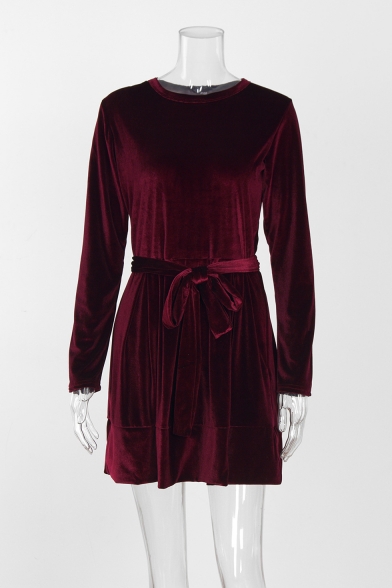 Ladies' Long Sleeve Crewneck Tied Waist Mini A-Line Velvet Dress